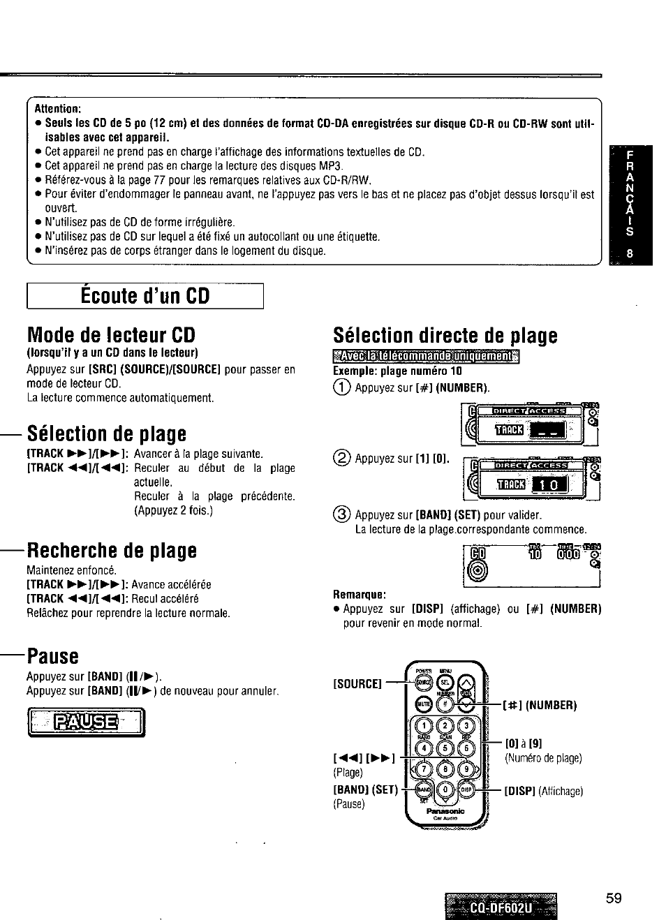 Ecoute d’un cd, Mode de lecteur cd, Sélection de plage | Recherche de plage, Sélection directe de plage, Pause, A0se, Ecoute d’un cd mode de lecteur cd | Panasonic CQ-DF602U User Manual | Page 59 / 124