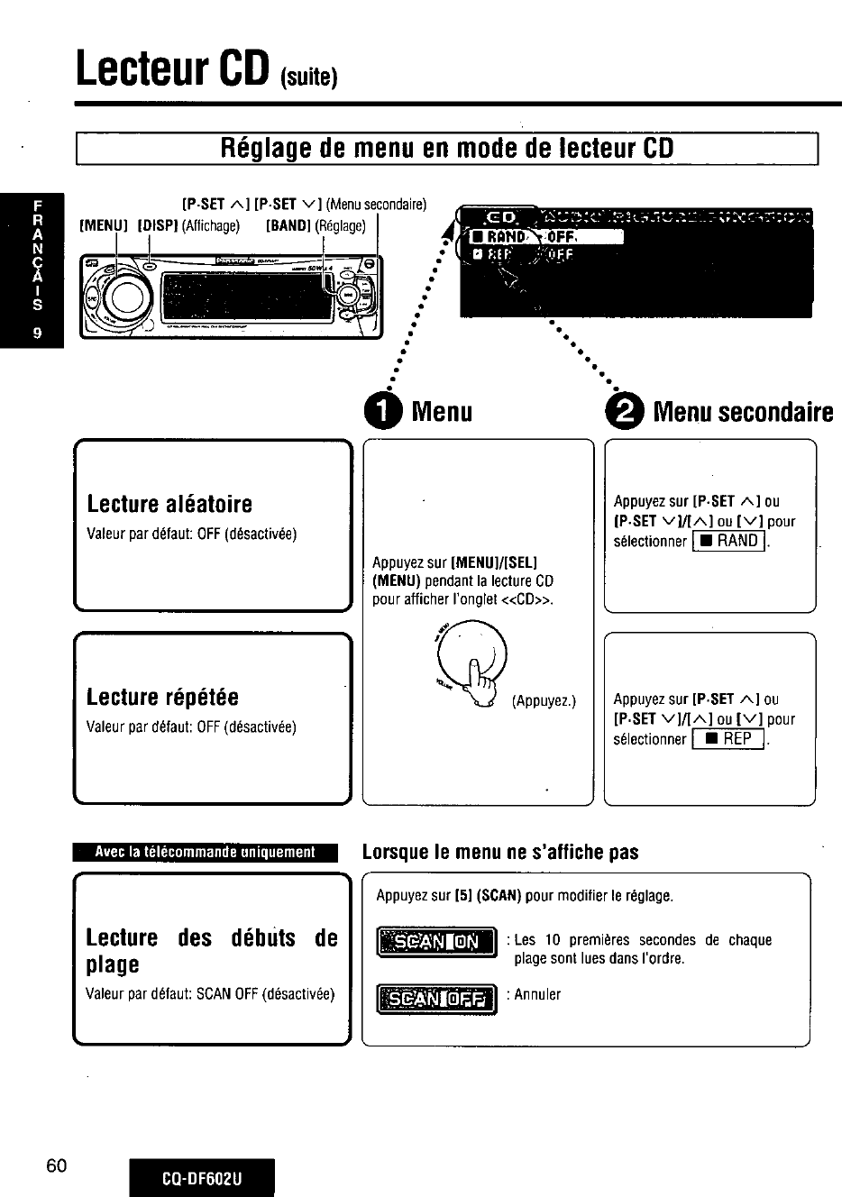 Lecteur cd, Suite), Réglage de menu en mode de lecteur cd | Lecture aléatoire, Lecture répétée, Menu, Q menu secondaire, Lorsque le menu ne s'affiche pas, Lecture des débuts de plage, Suite) réglage de menu en mode de lecteur cd | Panasonic CQ-DF602U User Manual | Page 60 / 124