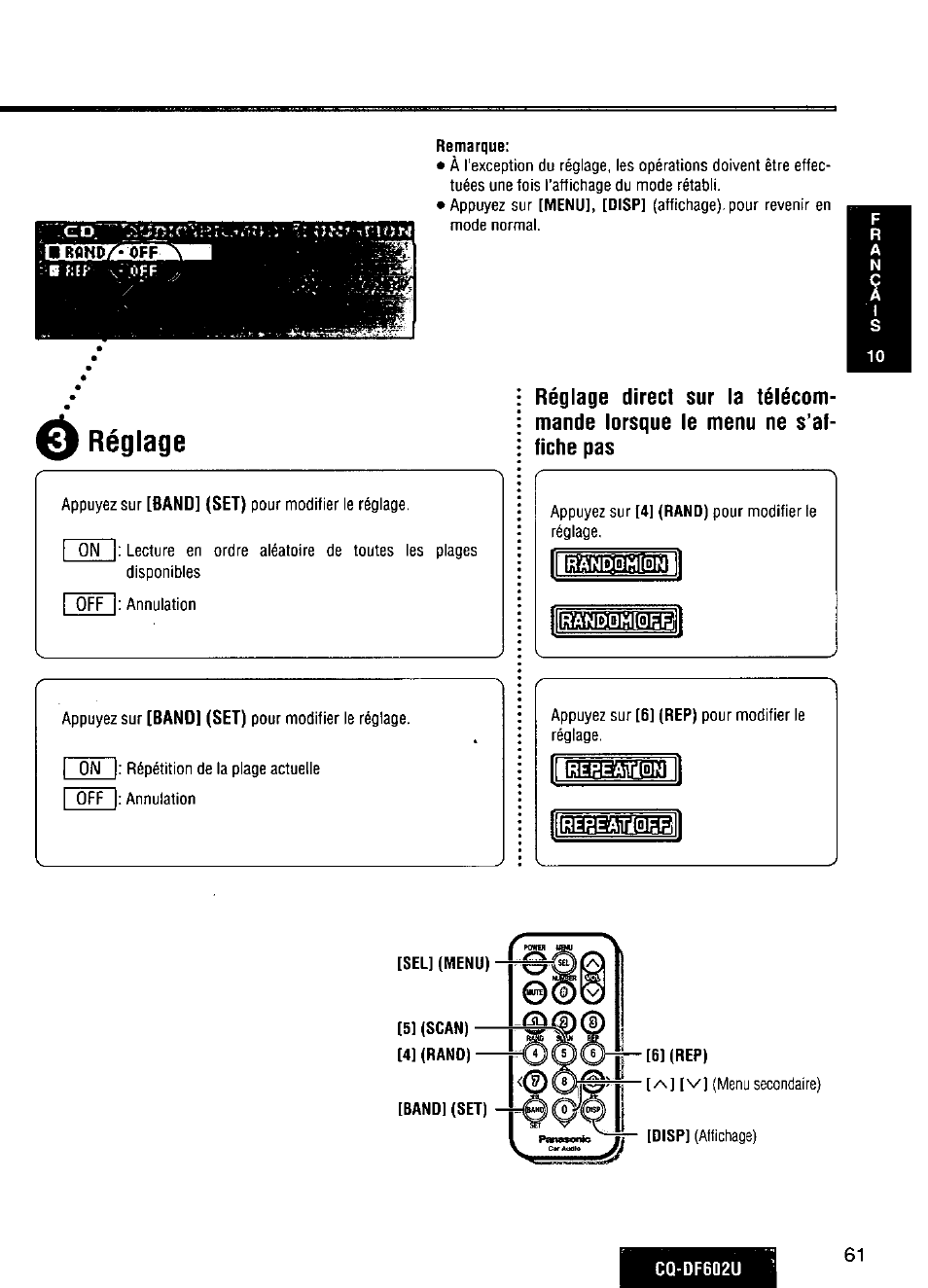 Remarque, Réglage | Panasonic CQ-DF602U User Manual | Page 61 / 124