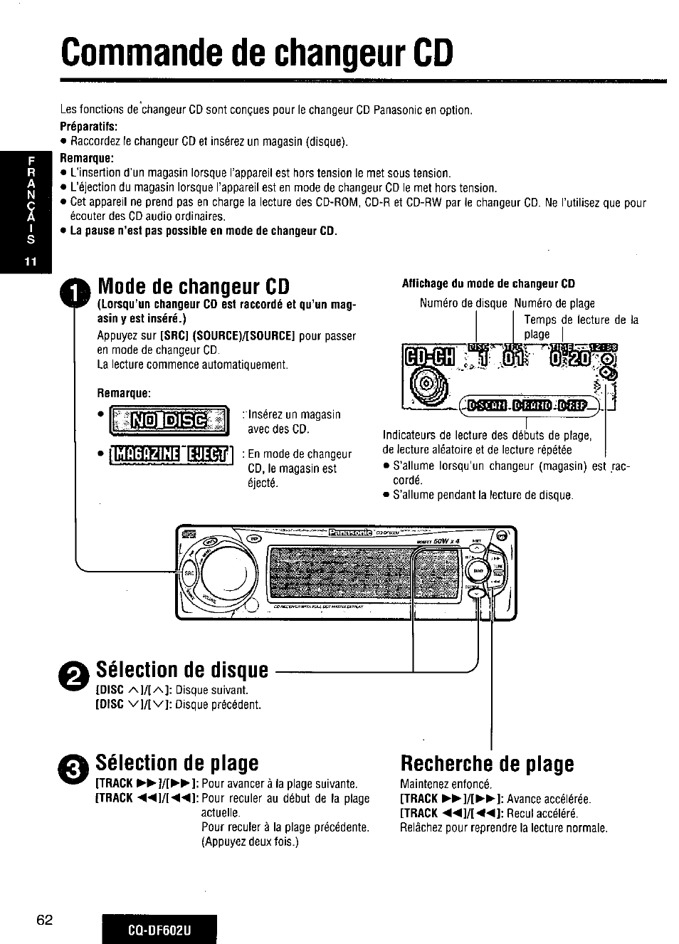 Commande de changeur cd, Mode de changeur cd, Sélection de disque | Sélection de plage, Recherche de plage | Panasonic CQ-DF602U User Manual | Page 62 / 124