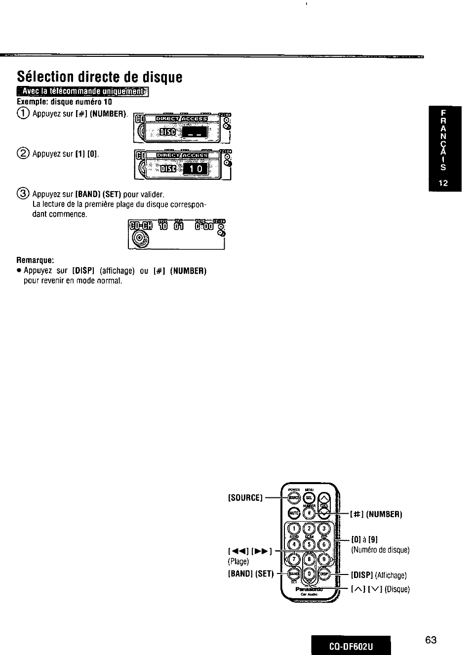 Sélection directe de disque, Remarque | Panasonic CQ-DF602U User Manual | Page 63 / 124