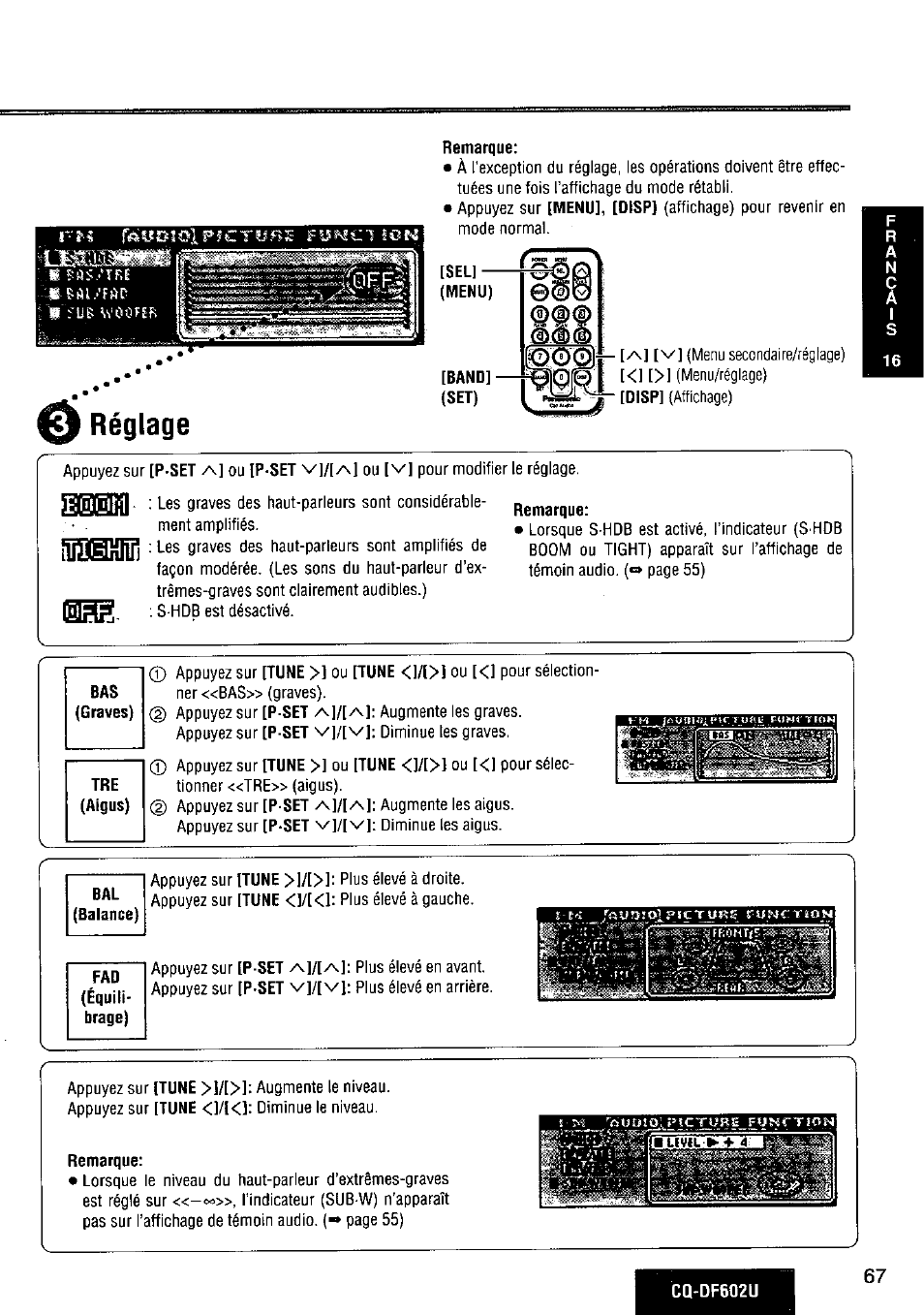 Remarque, Réglage | Panasonic CQ-DF602U User Manual | Page 67 / 124
