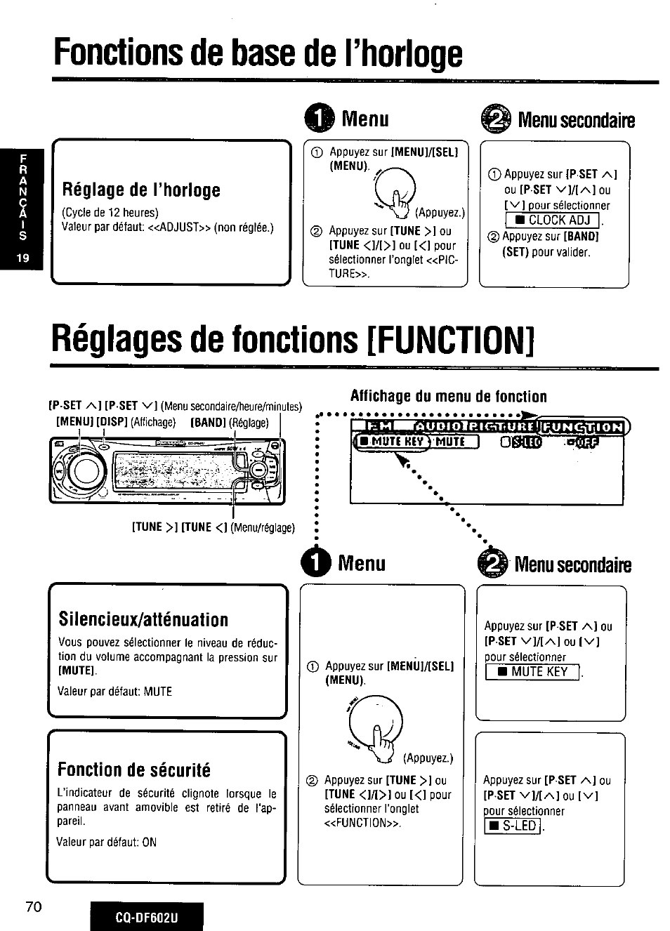 Fonctions de base de l’horioge, Réglages de fonctions [function, Affichage du menu de fonction | Silencieux/atténuation, Fonction de sécurité, Menu secondaire, Fonctions de base de l'horloge, G réglages de fonctions [function, A menu, Menu | Panasonic CQ-DF602U User Manual | Page 70 / 124