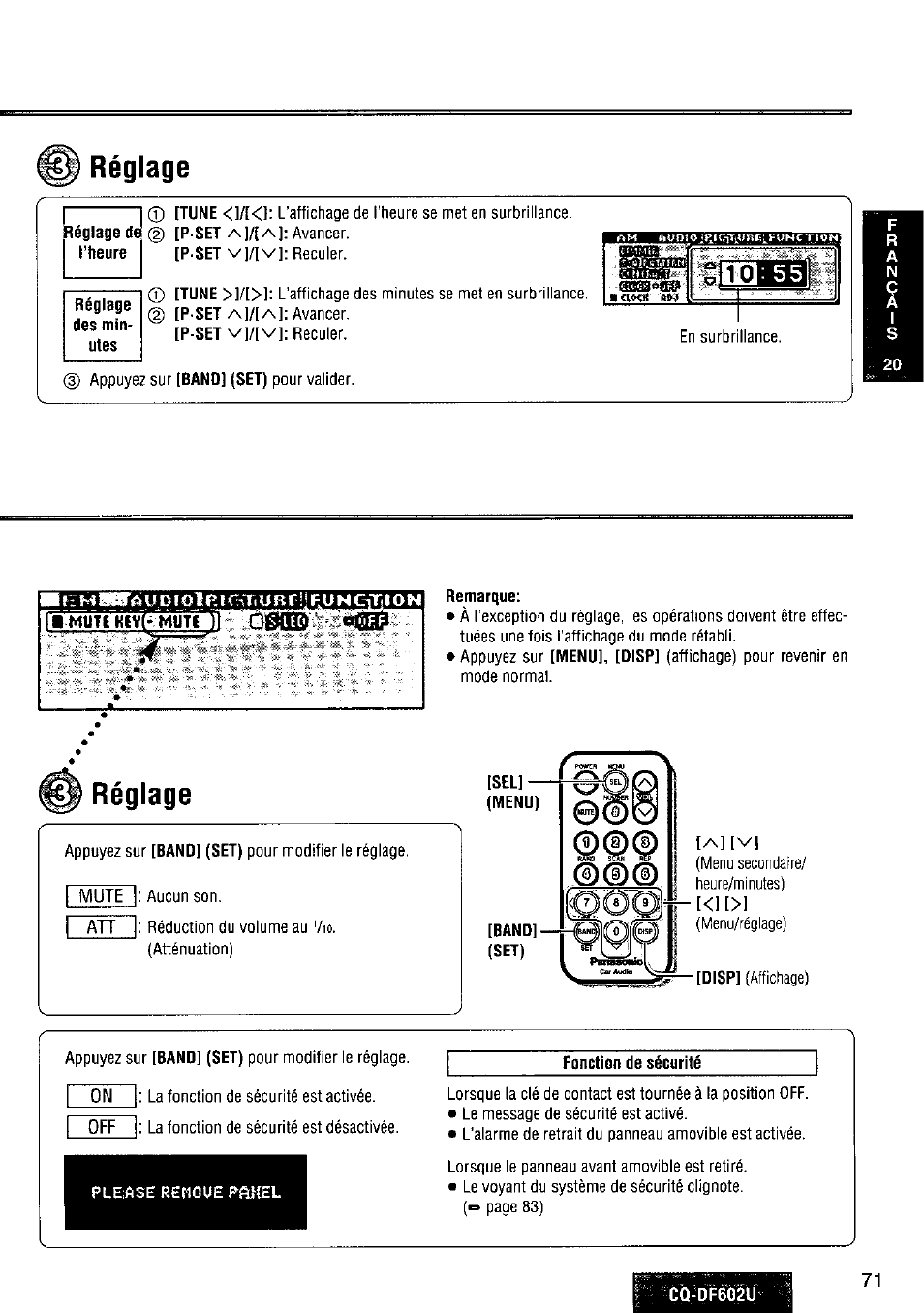 Réglage, Réglage de l’heure, Remarque | Fonction de sécurité | Panasonic CQ-DF602U User Manual | Page 71 / 124