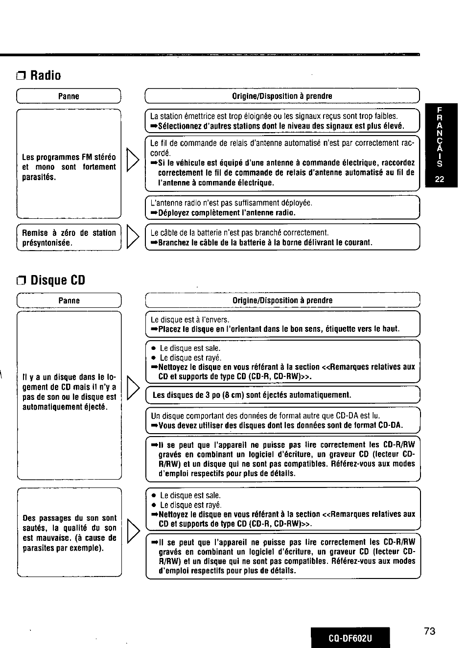 N radio, Disque cd | Panasonic CQ-DF602U User Manual | Page 73 / 124