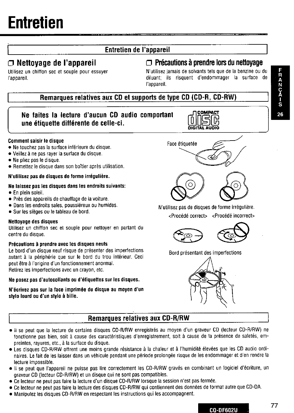 Entretien, Précautions à prendre lors du nettoyage, Remarques relatives aux cd-r/rw | Nettoyage de l’appareil | Panasonic CQ-DF602U User Manual | Page 77 / 124