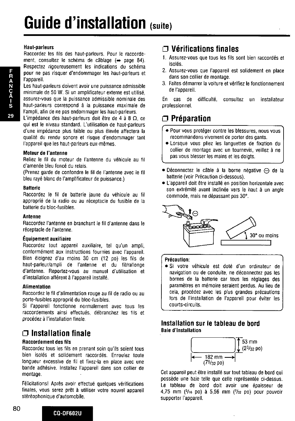 Installation finale, A vérifications finaies, Préparation | Installation sur le tableau de bord, Guide d’installation, Suite) | Panasonic CQ-DF602U User Manual | Page 80 / 124