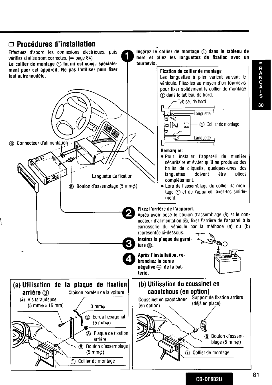 A) utilisation de la plaque de fixation, Procédures d’installation, A) utilisation de la plaque de fixation arrière | Panasonic CQ-DF602U User Manual | Page 81 / 124