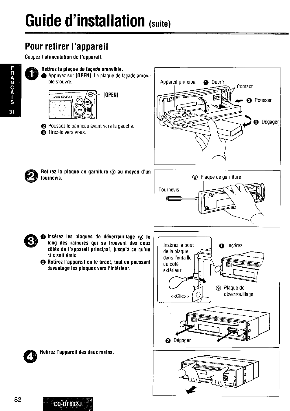 Pour retirer l’appareil, Guide d’installation | Panasonic CQ-DF602U User Manual | Page 82 / 124