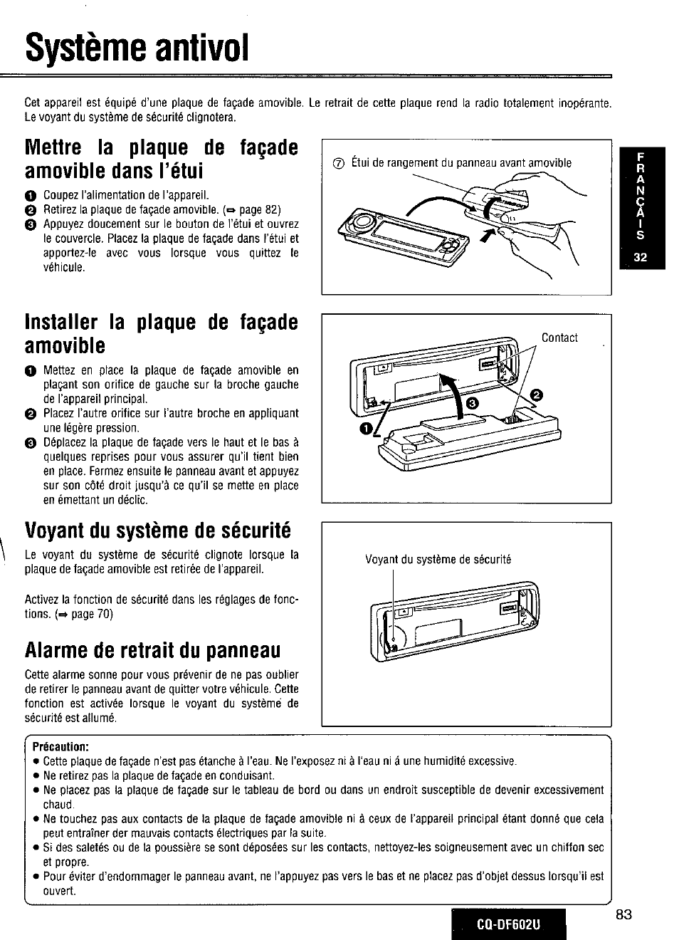 Système antivol, Mettre la plaque de façade amovible dans l’étui, Installer la plaque de façade amovible | Voyant du système de sécurité, Alarme de retrait du panneau | Panasonic CQ-DF602U User Manual | Page 83 / 124