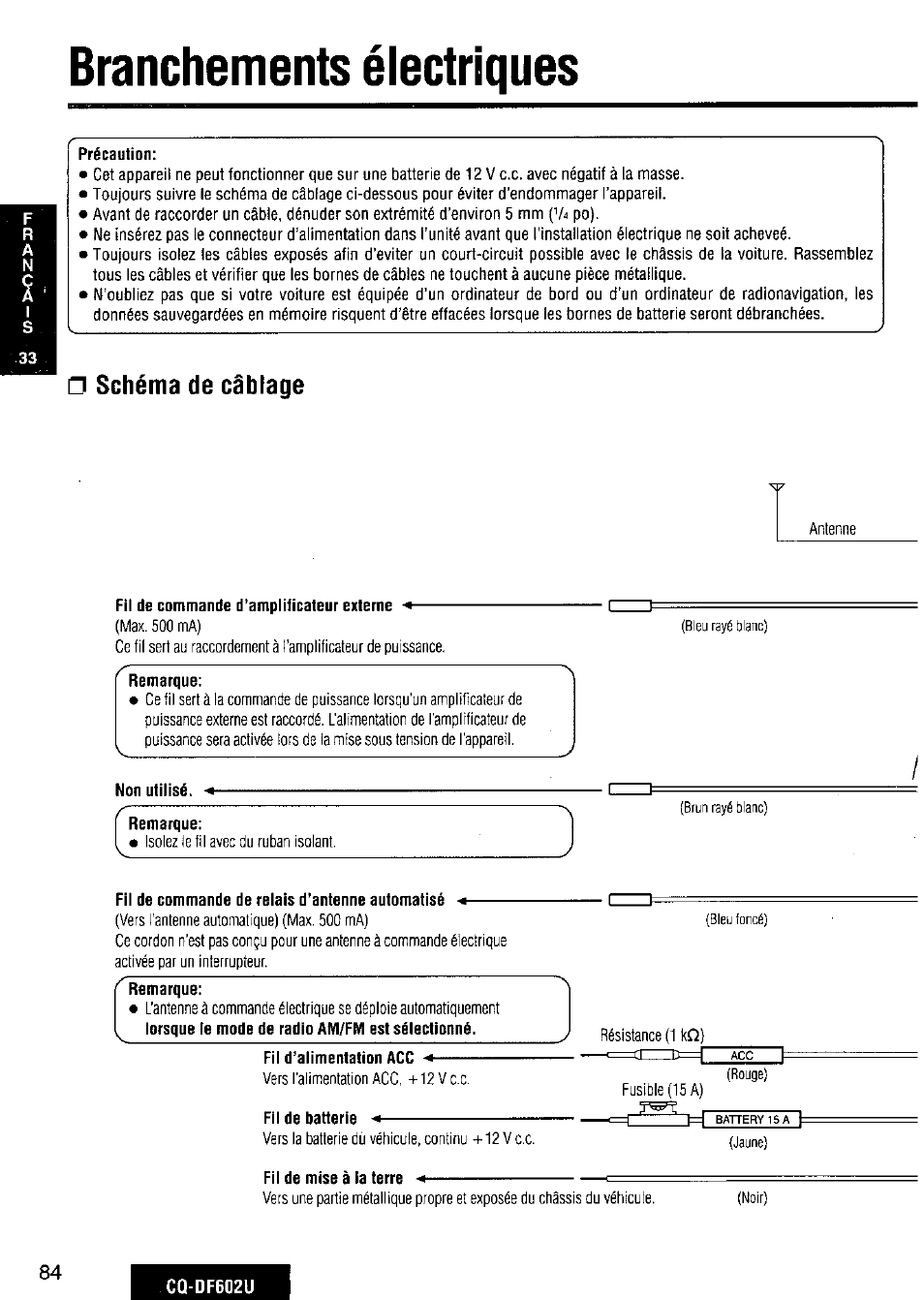 Branchements électriques, Schéma de câblage, G branchements électriques | Panasonic CQ-DF602U User Manual | Page 84 / 124