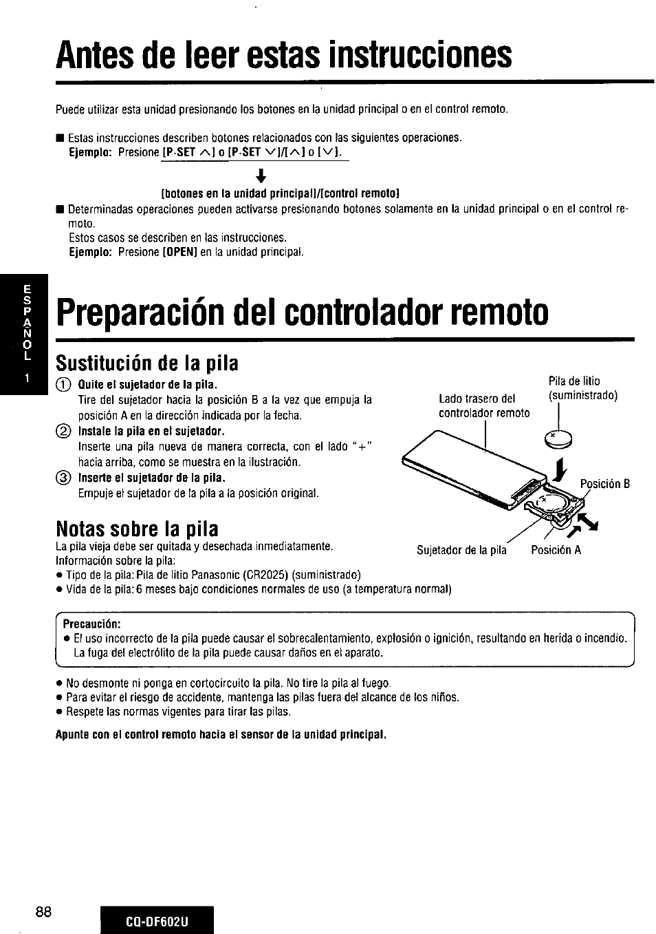 Antes de leer estas instrucciones, Preparación del controlador remoto, Sustitución de la pila | Notas sobre la pila, G preparación del controlador remoto | Panasonic CQ-DF602U User Manual | Page 88 / 124