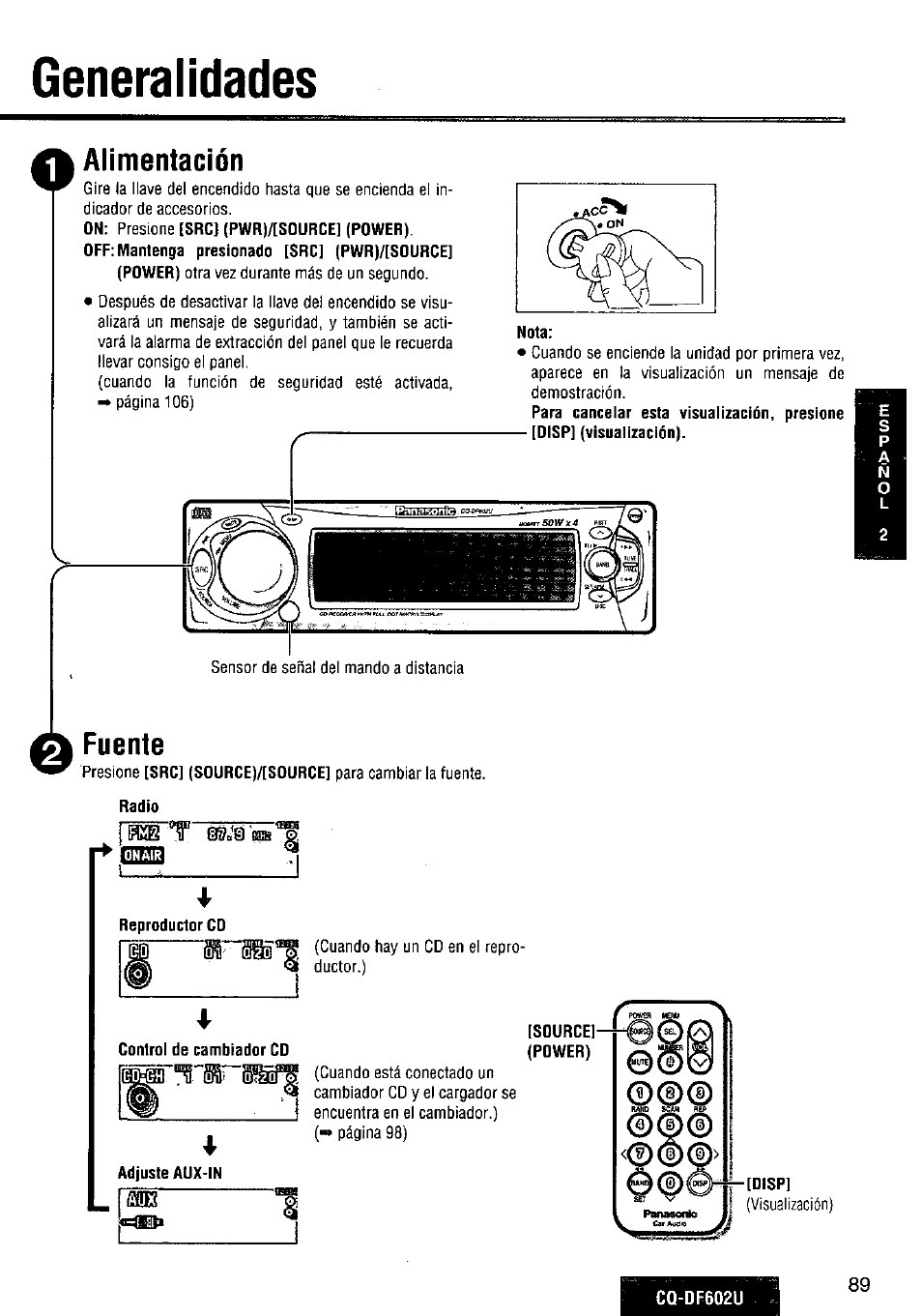 Generalidades, Alimentación, Nota | 0 fuente, Wt 08.1'ra | Panasonic CQ-DF602U User Manual | Page 89 / 124
