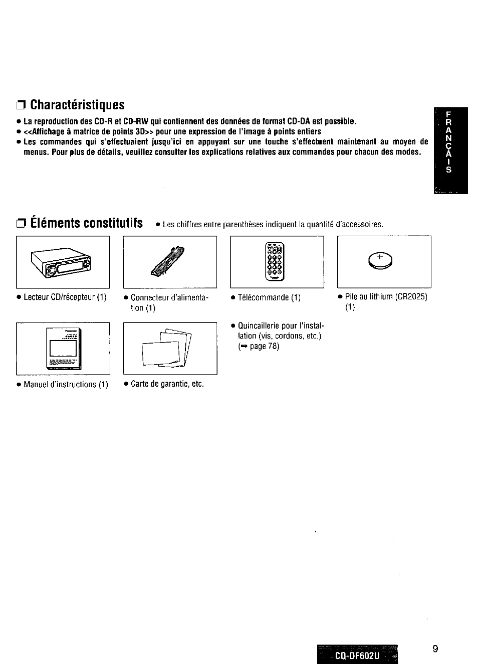 Charactéristiques, Eléments constitutifs | Panasonic CQ-DF602U User Manual | Page 9 / 124