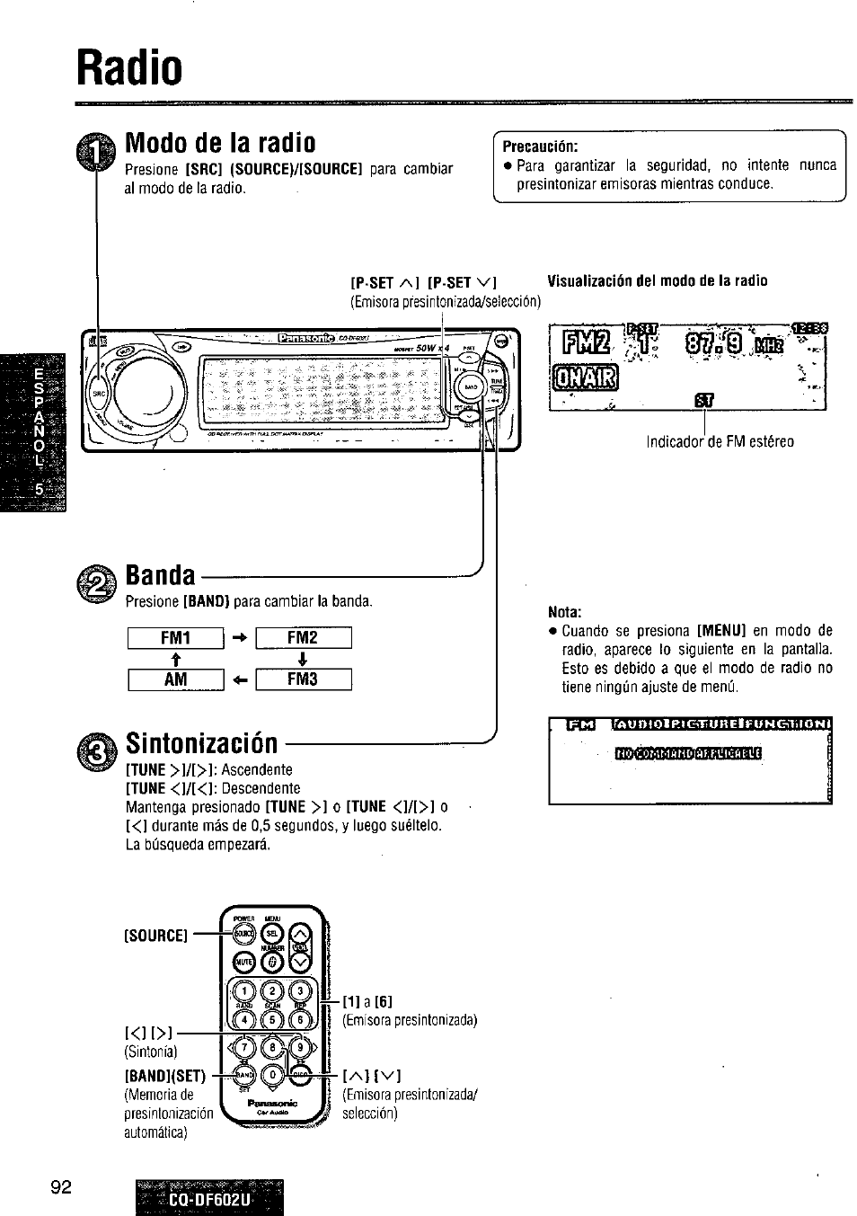 Radio, Modo de la radio, Sintonización | Nota, Source] h00ía1, G radio, Banda | Panasonic CQ-DF602U User Manual | Page 92 / 124