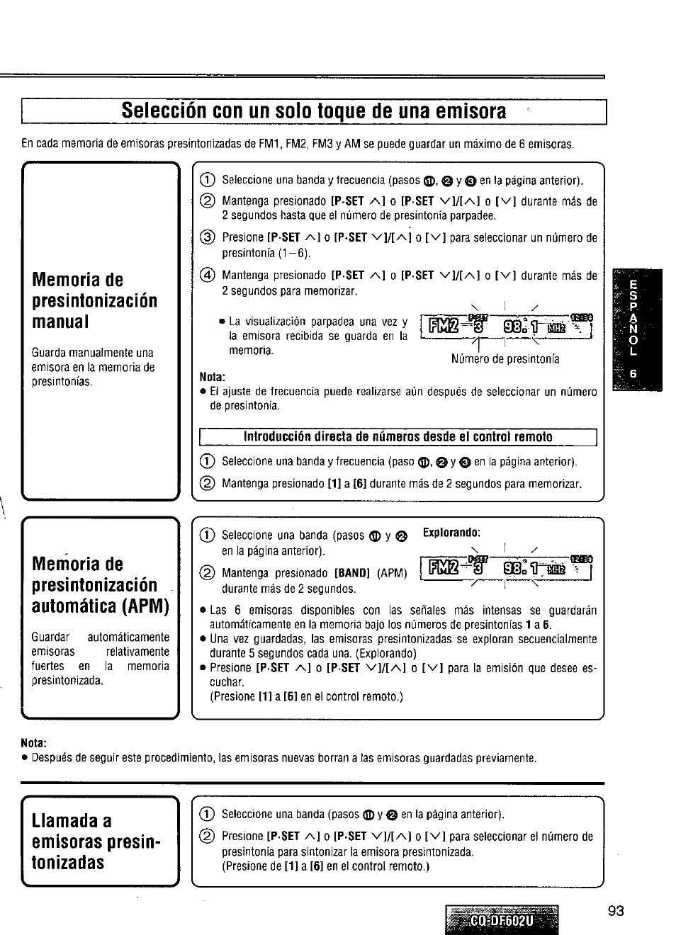 Selección con un solo toque de una emisora, Memoria de, Presintonización | Manual, Memoria de presintonización automática (арм), Nota, Llamada a emisoras presintonizadas, Llamada a emisoras presin­ tonizadas | Panasonic CQ-DF602U User Manual | Page 93 / 124