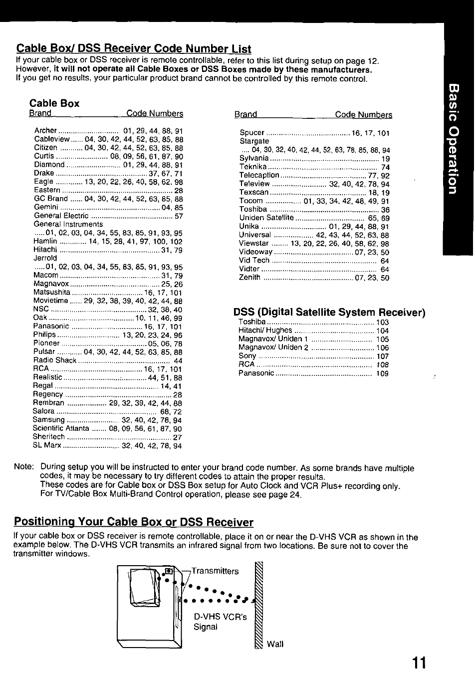 Cable box/ dss receiver code number list, Cable box, Positioning your cable box or dss receiver | Panasonic OMNIVISION PV-HD1000 User Manual | Page 11 / 49