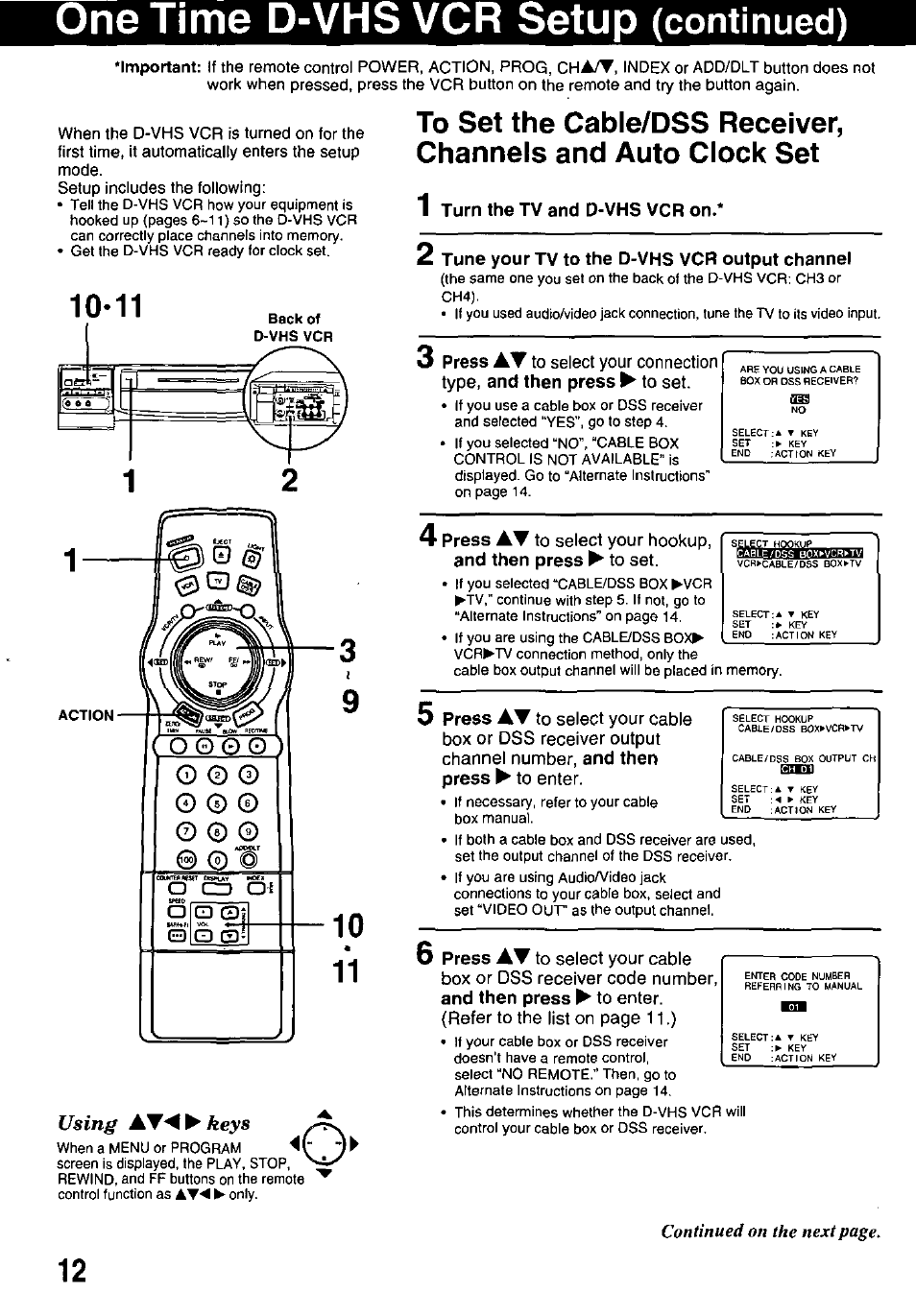 One time d-vhs vcr setup, Continued) | Panasonic OMNIVISION PV-HD1000 User Manual | Page 12 / 49