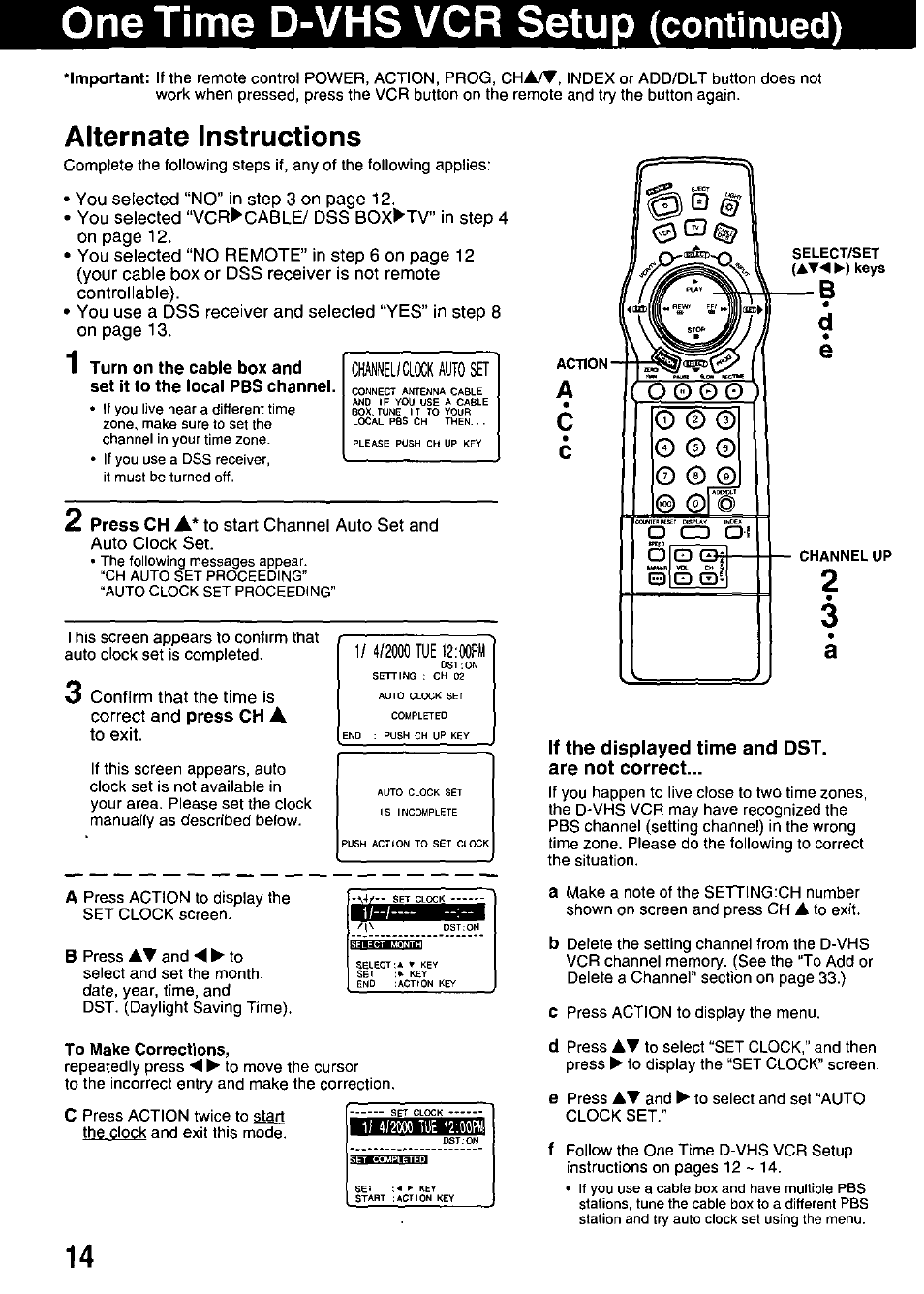 If the displayed time and dst. are not correct, One time d-vhs vcr setup, Alternate instructions | Continued) | Panasonic OMNIVISION PV-HD1000 User Manual | Page 14 / 49