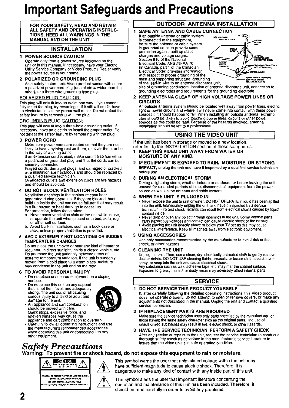 Important safeguards and precautions, Safety precautions, 1шш a | Installation, Outdoor antenna tnstallation, Using the video unit, Service | Panasonic OMNIVISION PV-HD1000 User Manual | Page 2 / 49