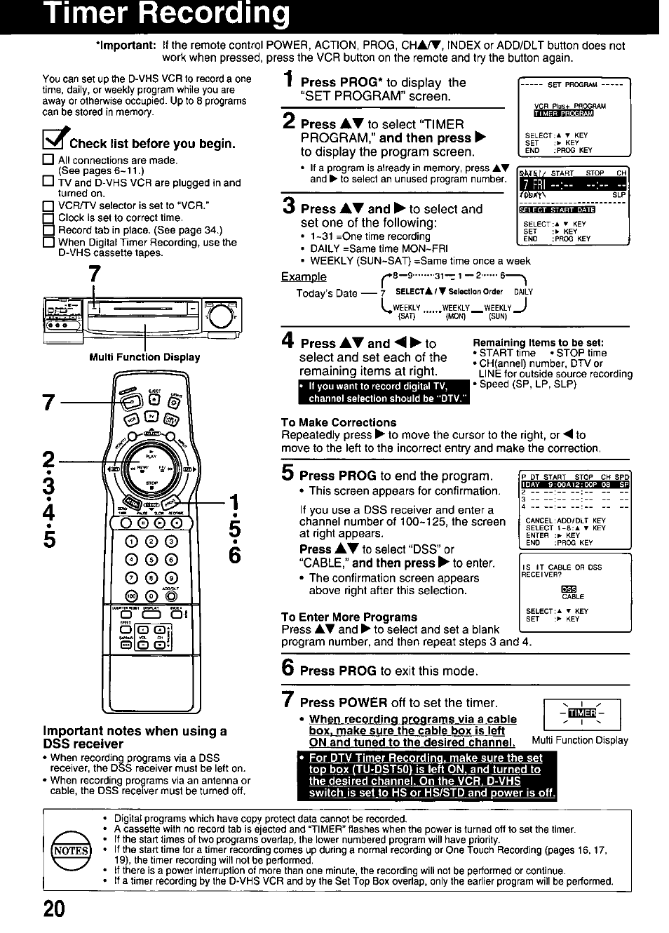 Timer recording, Check list before you begin, Important notes when using a dss receiver | 4 press at and to | Panasonic OMNIVISION PV-HD1000 User Manual | Page 20 / 49