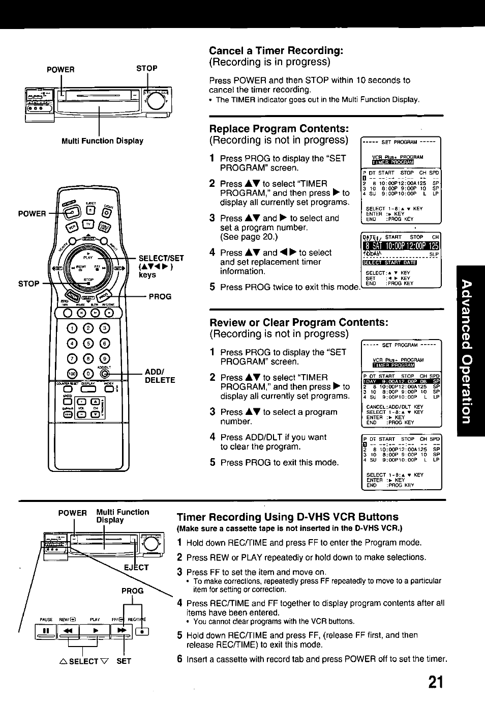 Cancel a timer recording, Replace program contents, Review or clear program contents | Timer recording using d-vhs vcr buttons, Recording is in progress), Recording is not in progress) | Panasonic OMNIVISION PV-HD1000 User Manual | Page 21 / 49