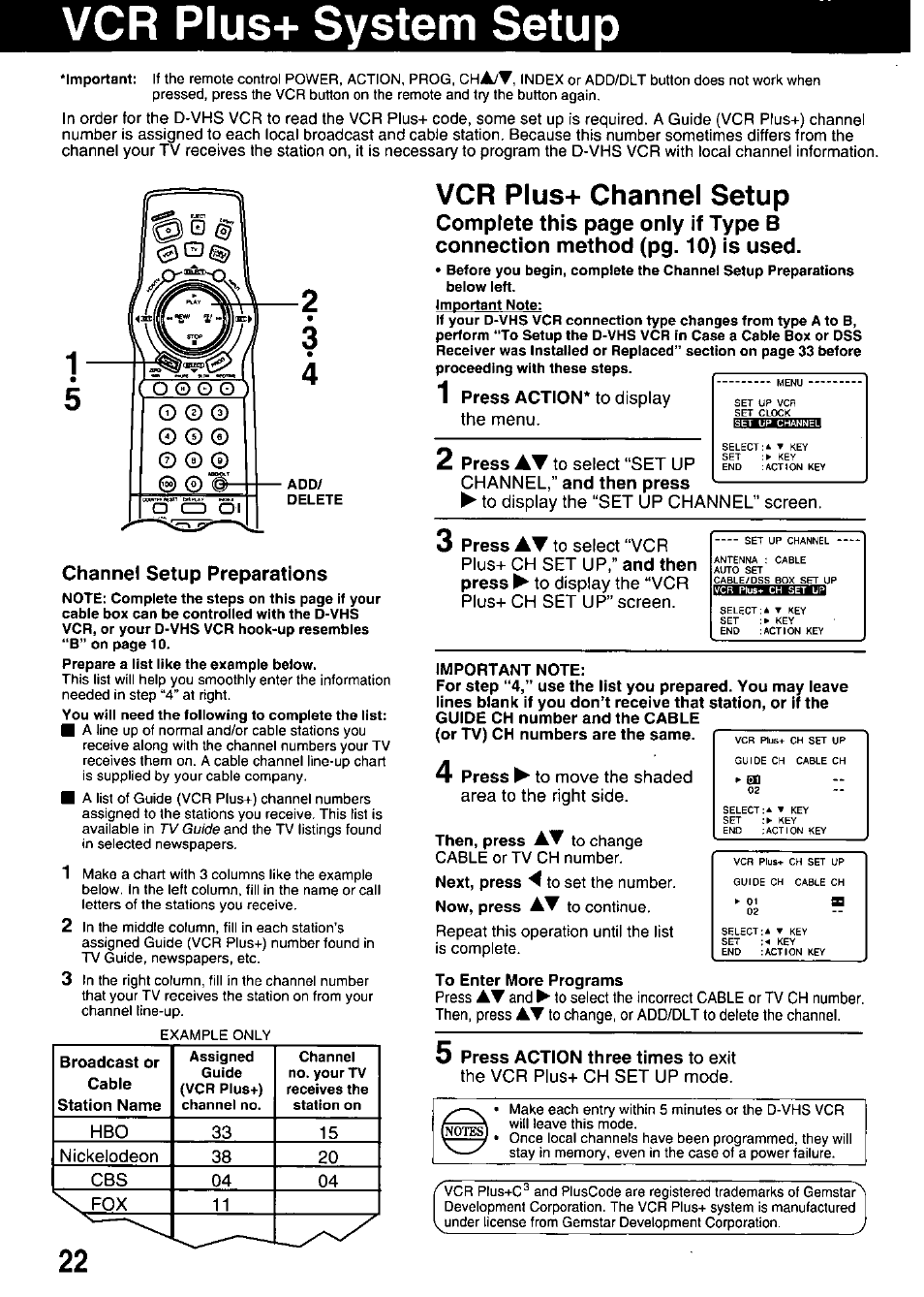 Vcr plus+ system setup, Channel setup preparations, Шшввгишш | Vcr plus-f system setup, Vcr plus+ channel setup, Cha/t | Panasonic OMNIVISION PV-HD1000 User Manual | Page 22 / 49