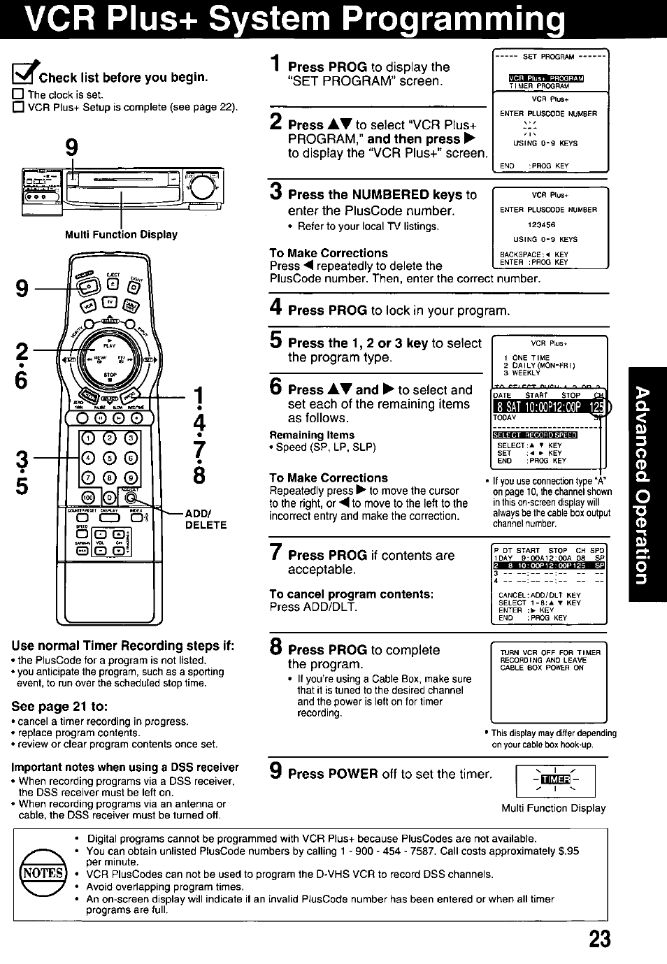 Vcr plus+ system programming, Check list before you begin, Use normal timer recording steps if | 3 press the numbered keys to | Panasonic OMNIVISION PV-HD1000 User Manual | Page 23 / 49