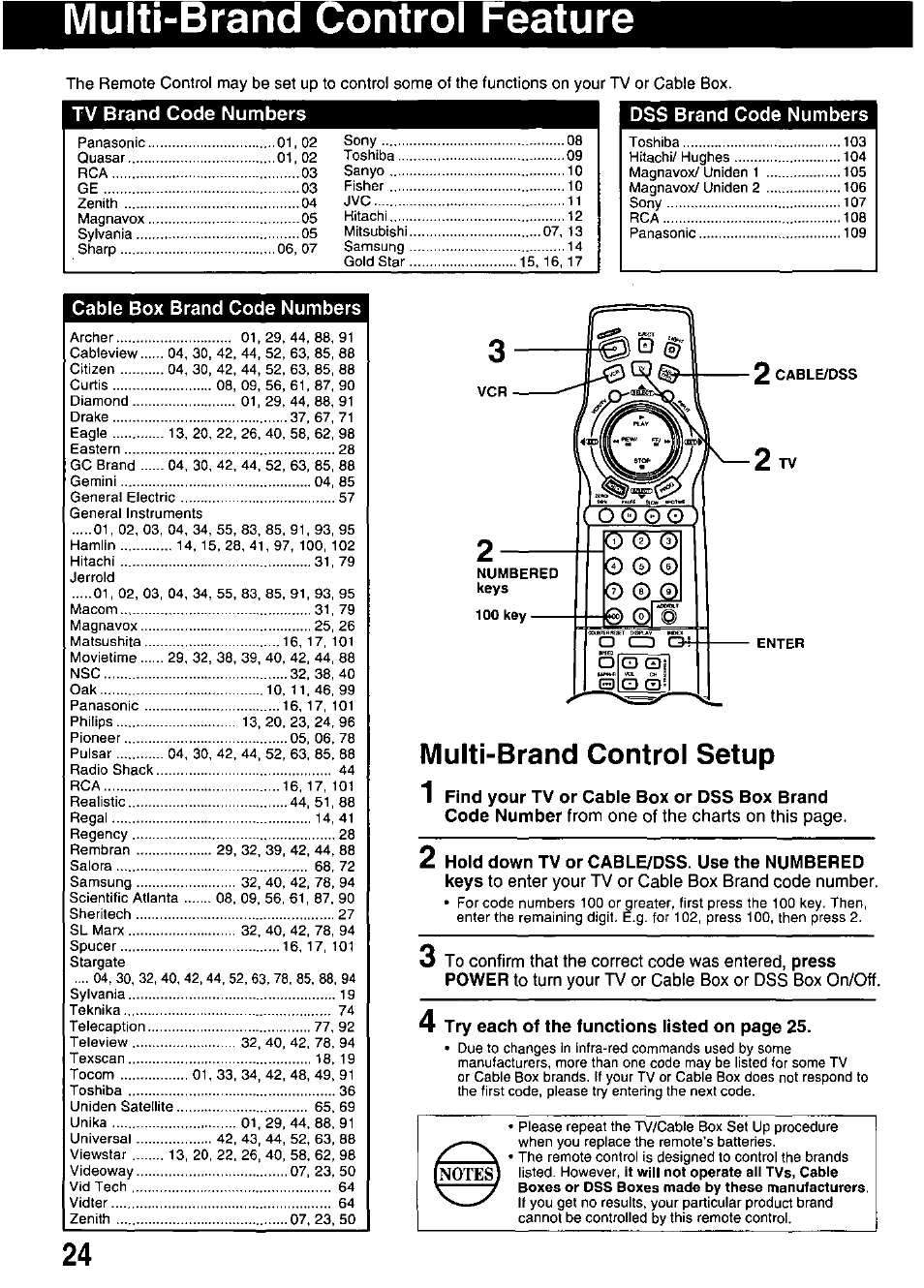 Multi-brand control feature, Tv brand code numbers, Cable box brand code numbers | Multi-brand control setup | Panasonic OMNIVISION PV-HD1000 User Manual | Page 24 / 49