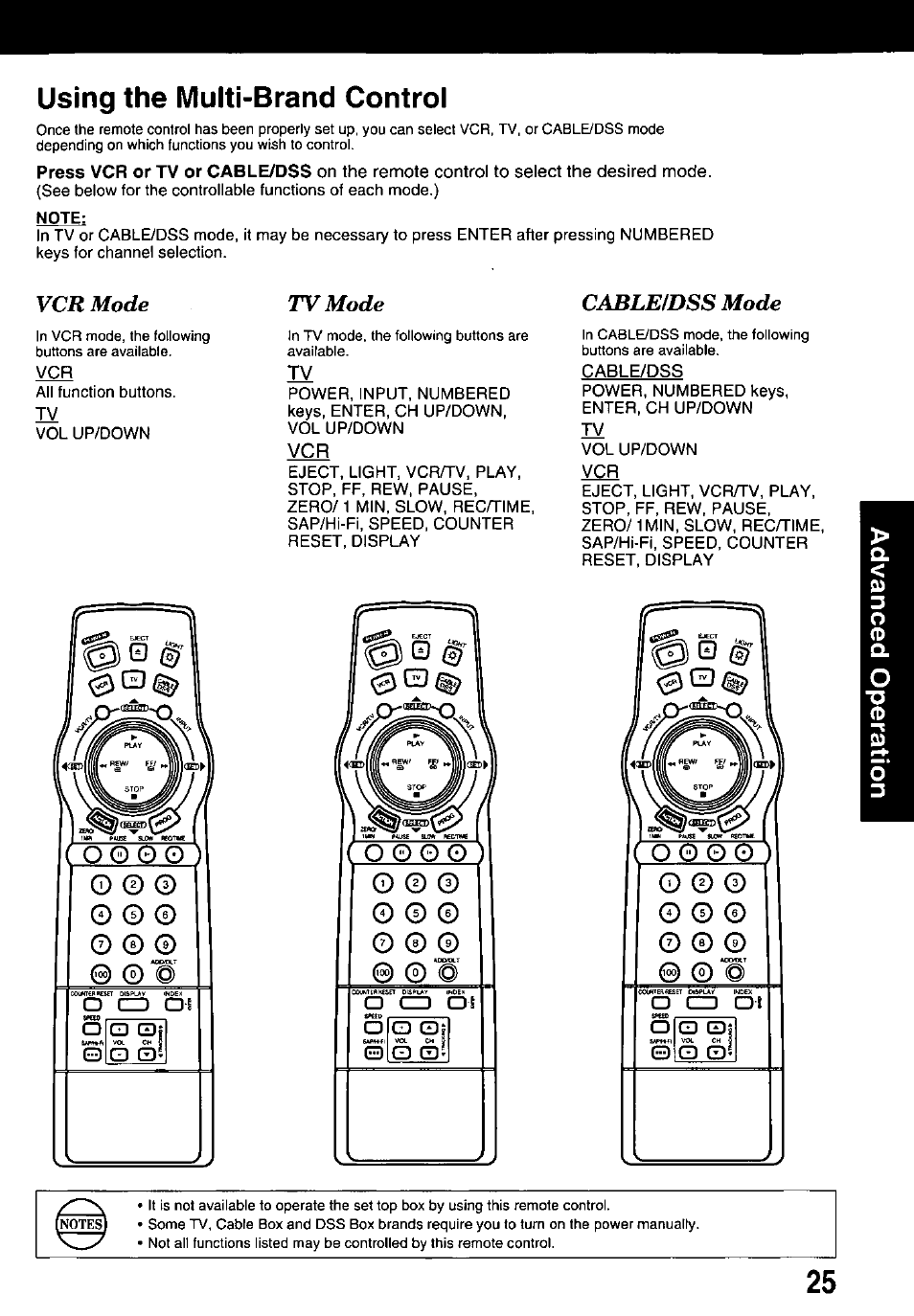Using the multi-brand control, Vcr mode, Tv mode | Cablefdss mode | Panasonic OMNIVISION PV-HD1000 User Manual | Page 25 / 49
