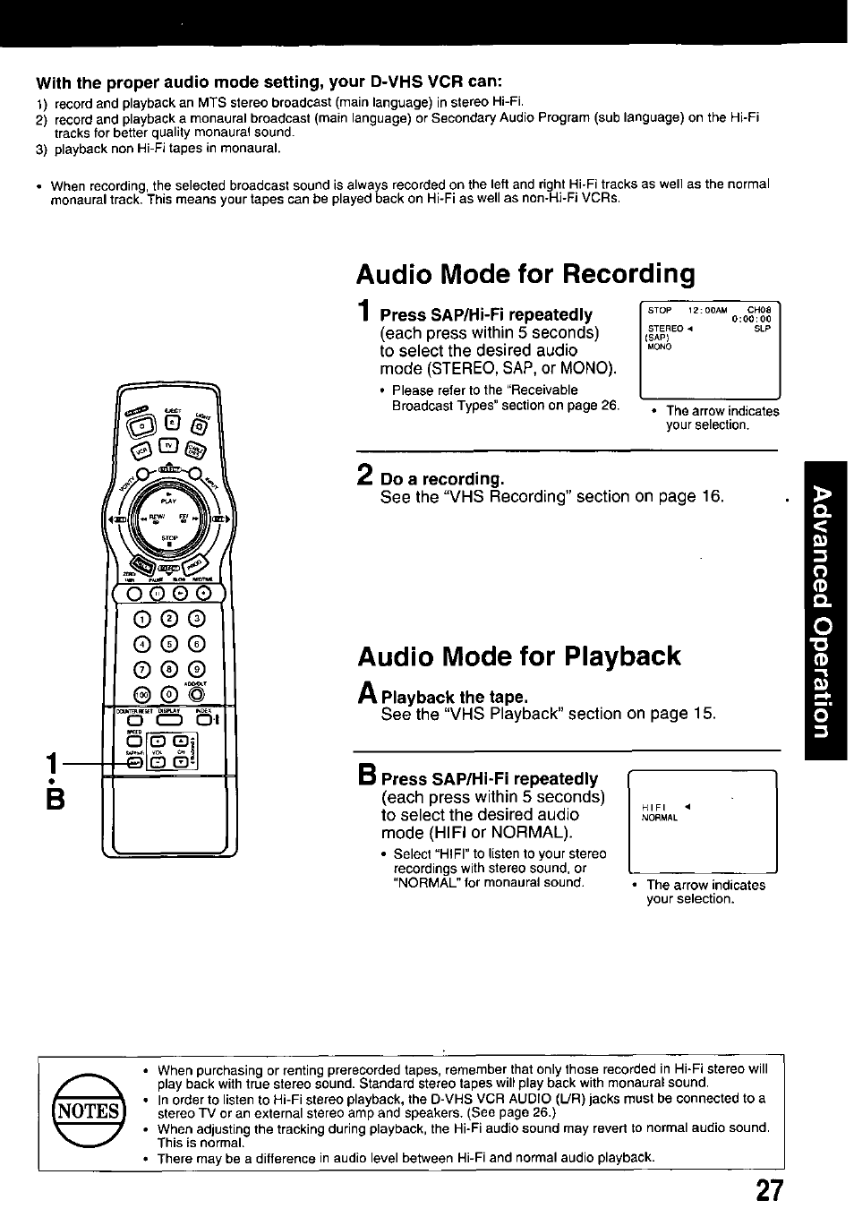 1 press sap/hi-fi repeatedly, 2 do a recording, A playback the tape | B press sap/hi-fi repeatedly, Audio mode for recording, Audio mode for playback | Panasonic OMNIVISION PV-HD1000 User Manual | Page 27 / 49