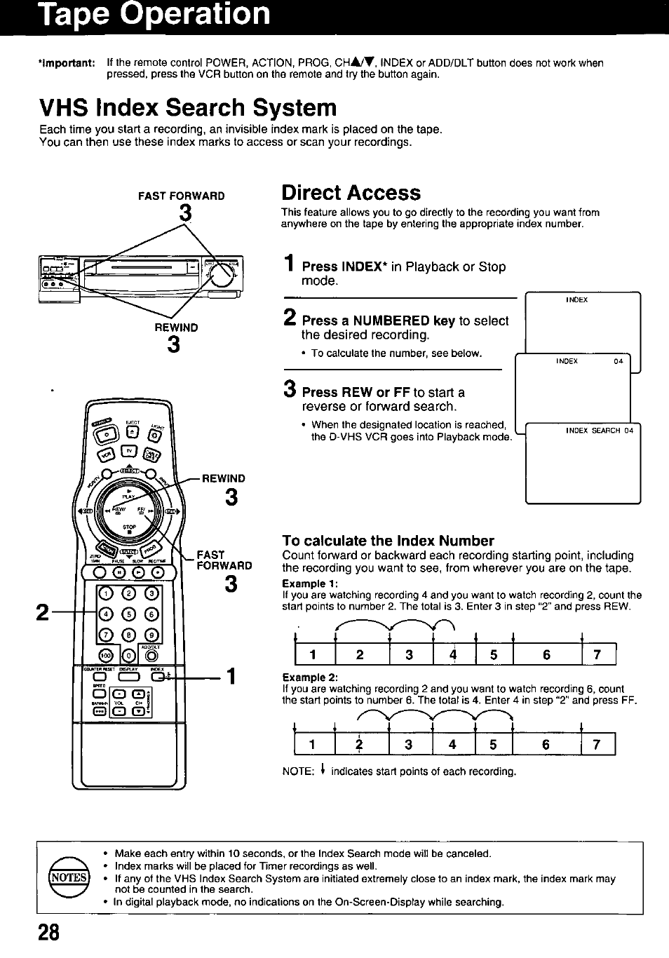 Tape operation, Vhs index search system, To calculate the index number | Direct access | Panasonic OMNIVISION PV-HD1000 User Manual | Page 28 / 49