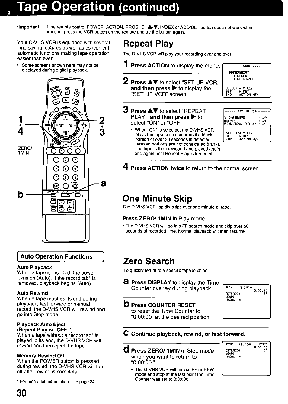 Tape operation (continued), Play,” and then press ► to, Press zero/1 min in play mode | B press counter reset, Repeat play, One minute skip, 30 zero search | Panasonic OMNIVISION PV-HD1000 User Manual | Page 30 / 49