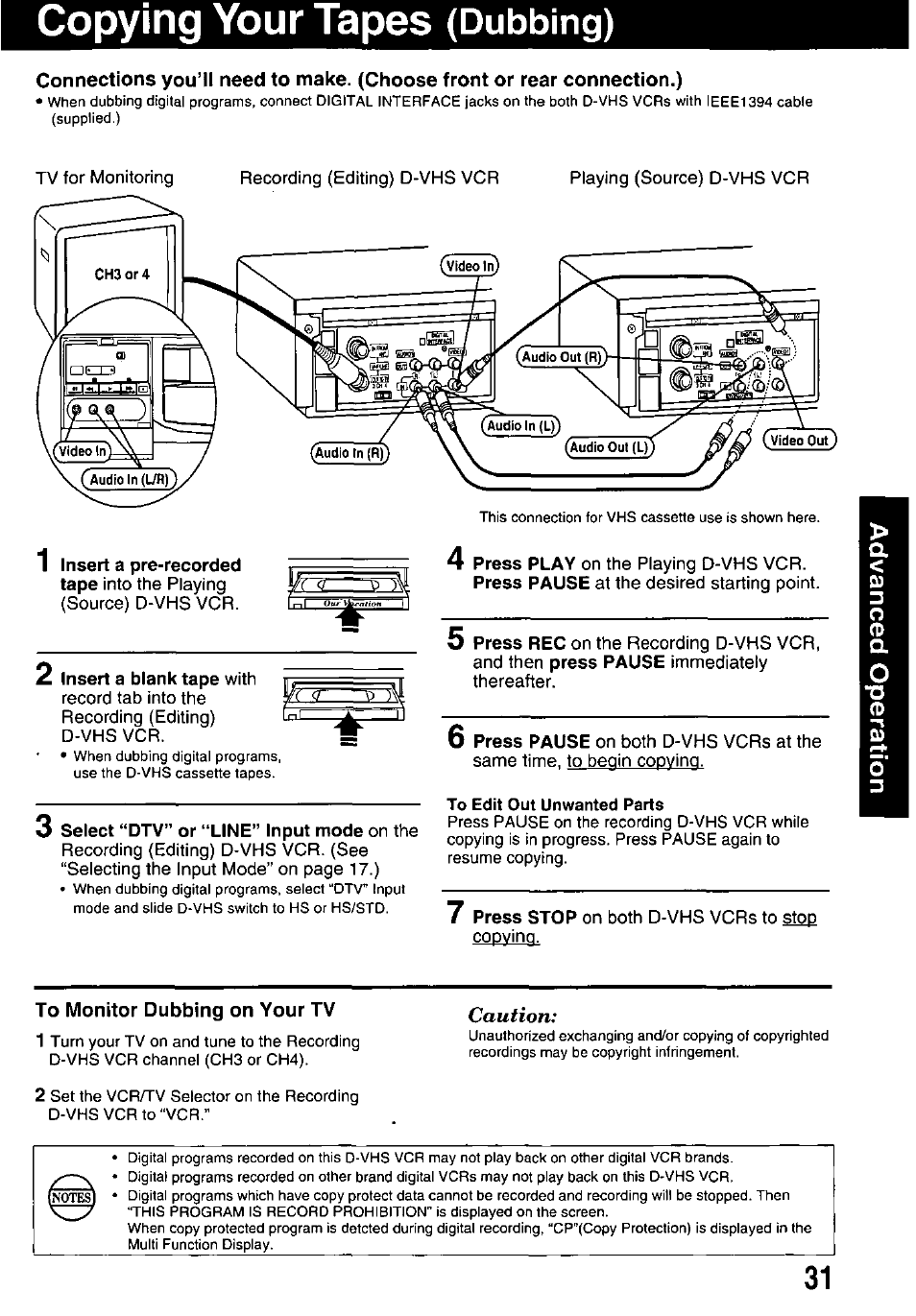 Select “dtv” or “line” input mode on the, To monitor dubbing on your tv, Copying your tapes | Dubbing) | Panasonic OMNIVISION PV-HD1000 User Manual | Page 31 / 49