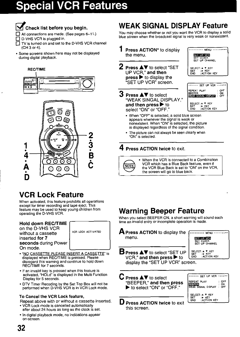 Special vcr features, Check list before you begin, Press action | Press action twice to exit, Hold down rec/rime, Press at to select “beeper," and then press, Weak signal display feature, Vcr lock feature, Warning beeper feature | Panasonic OMNIVISION PV-HD1000 User Manual | Page 32 / 49