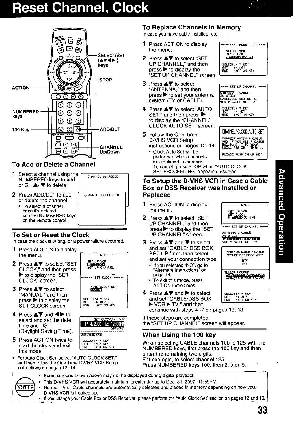 To add or delete a channel, To set or reset the clock, To replace channels in memory | When using the 100 key, Reset channel, clock, A/ t, Channel/clock auto set | Panasonic OMNIVISION PV-HD1000 User Manual | Page 33 / 49