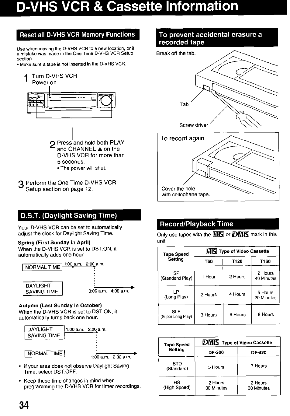 D-vhs vcr & cassette information, Reset all d-vhs vcr memory functions, To prevent accidental erasure a recorded tape | D.s.t. (daylight saving time), Record/playback time, D-vhs vcr & cassette information , 35, Record / playback time | Panasonic OMNIVISION PV-HD1000 User Manual | Page 34 / 49