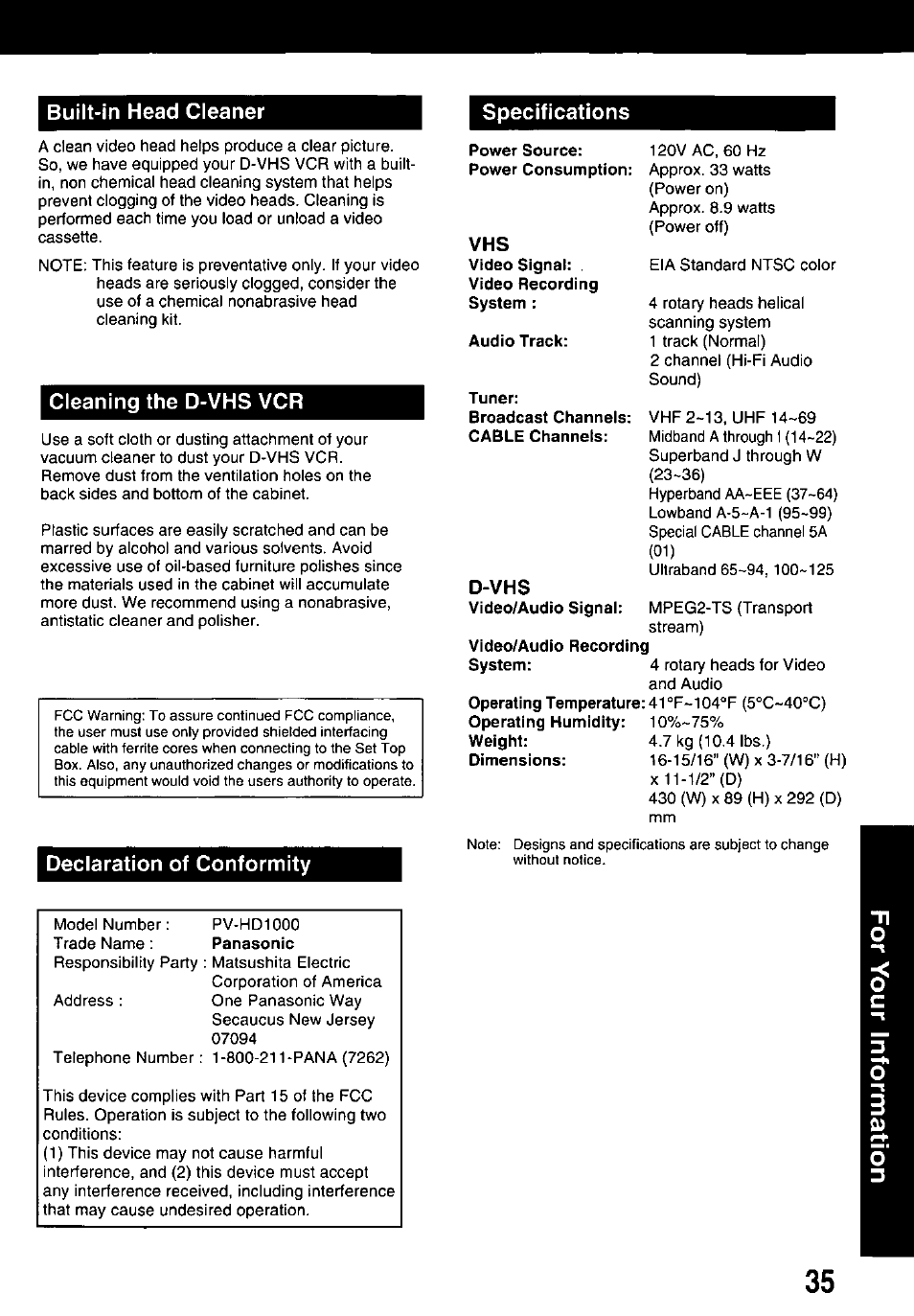 Cleaning the d-vhs vcr, D-vhs, Declaration of conformity | Built-in head cleaner specifications | Panasonic OMNIVISION PV-HD1000 User Manual | Page 35 / 49