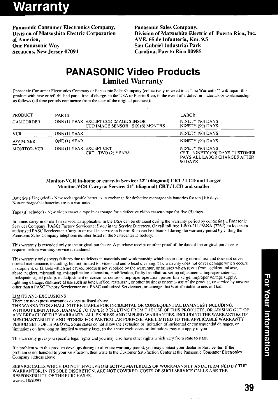 Warranty, Panasonic video products, Limited warranty | Panasonic OMNIVISION PV-HD1000 User Manual | Page 39 / 49