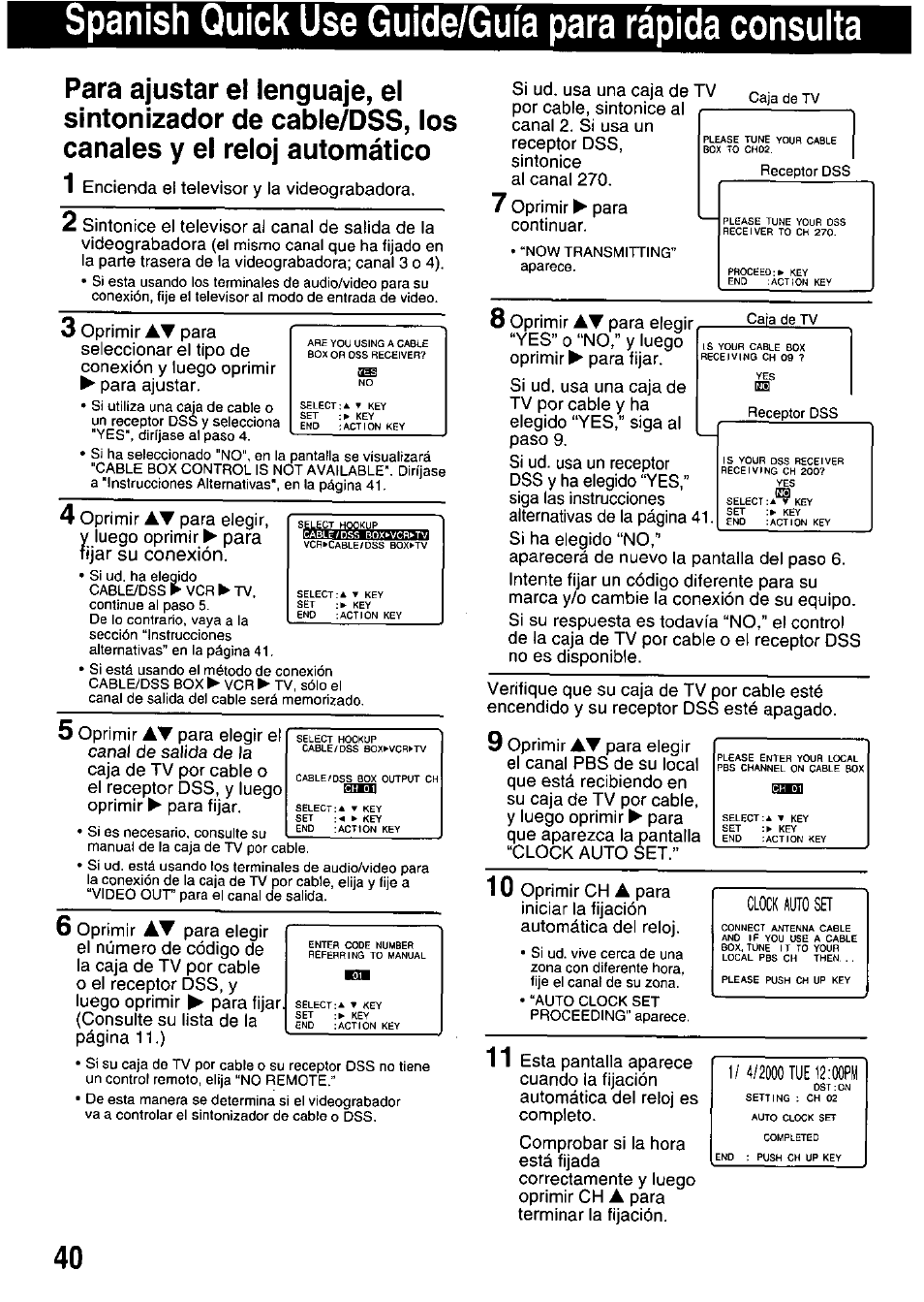 Spanish quick use guide/guia para rápida consulta, Clock auto | Panasonic OMNIVISION PV-HD1000 User Manual | Page 40 / 49