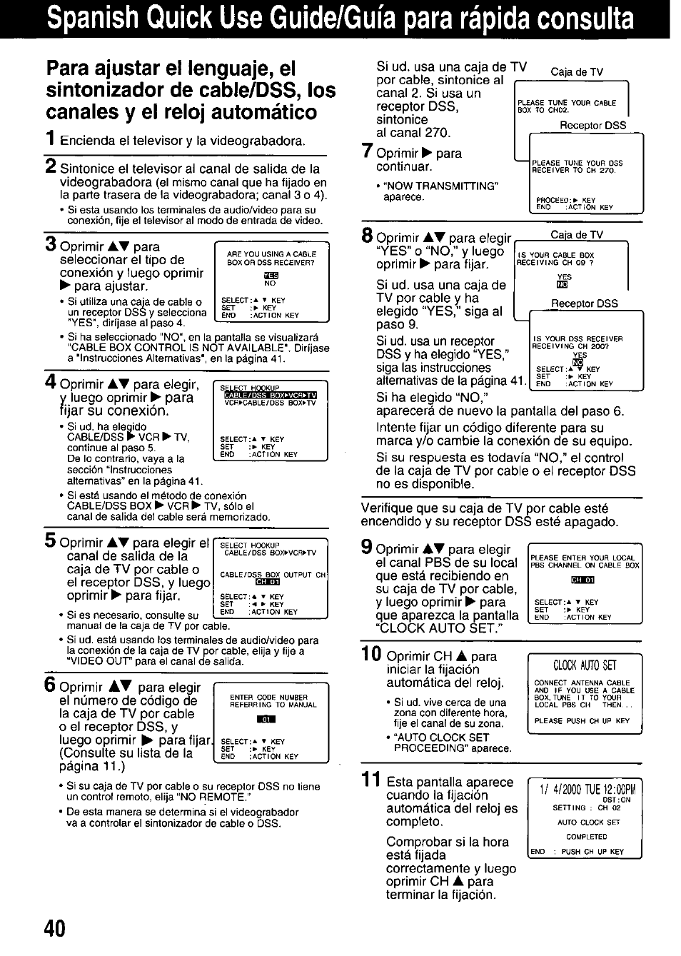 Spanish quick use guide/guia para rápida consulta, Clock auto | Panasonic OMNIVISION PV-HD1000 User Manual | Page 41 / 49