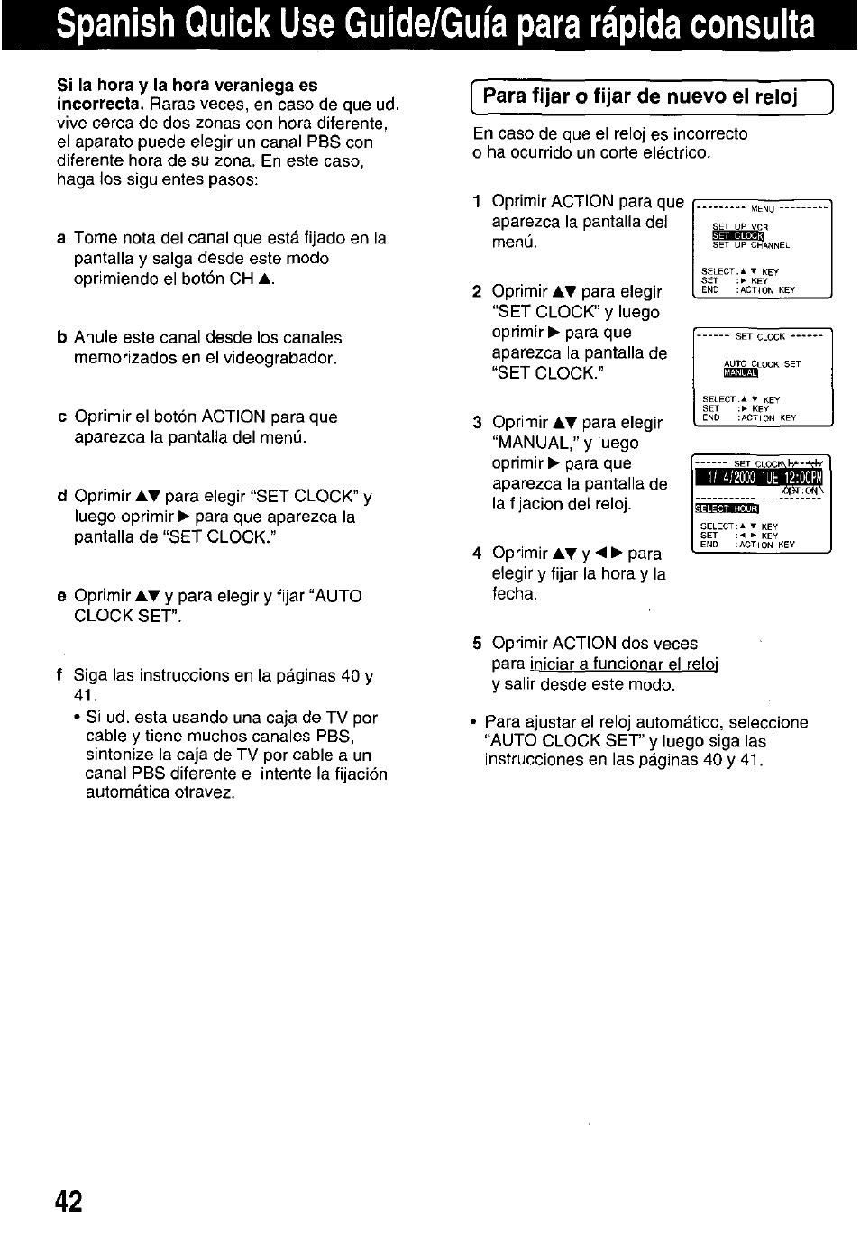 Spanish quick use guide/guia para rápida consulta, Para fijar o fijar de nuevo el reloj | Panasonic OMNIVISION PV-HD1000 User Manual | Page 43 / 49