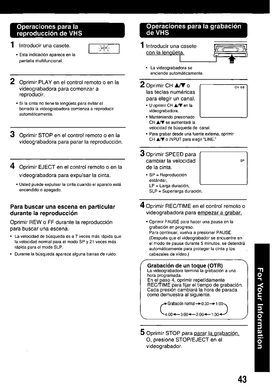 Operaciones para la grabación de vhs, Grabación de un toque (otr), Operaciones para la reproducción de vhs | Panasonic OMNIVISION PV-HD1000 User Manual | Page 44 / 49