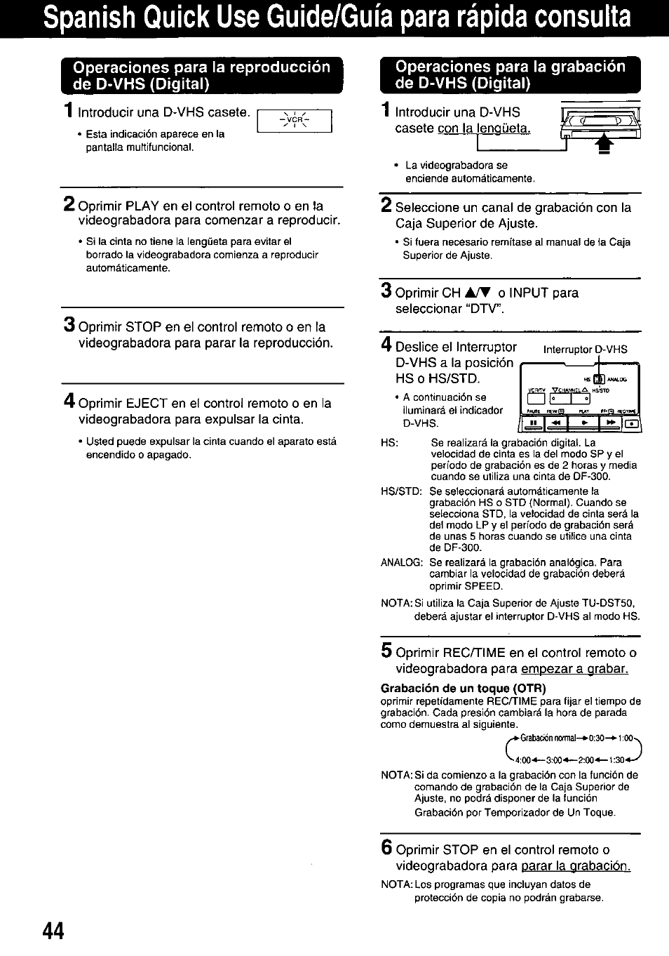 Operaciones para la grabación de d-vhs (digital), Spanish quick use guide/guia para rápida consulta, Rní^ " 1 | Panasonic OMNIVISION PV-HD1000 User Manual | Page 45 / 49