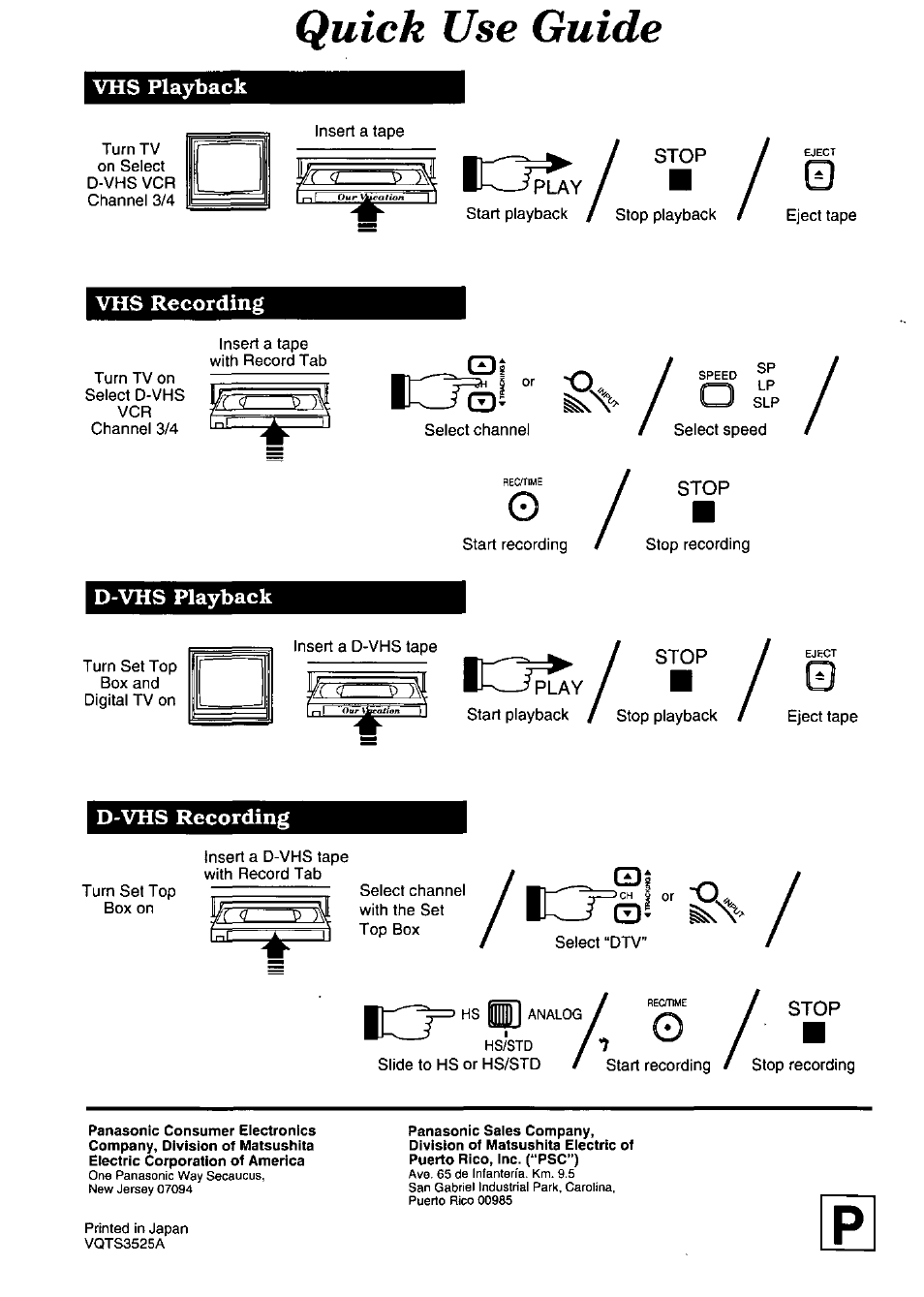 Vhs playback, Vhs recording, D-vhs playback | D-vhs recording, Quick use guide, Tolit, Io=i | Panasonic OMNIVISION PV-HD1000 User Manual | Page 49 / 49