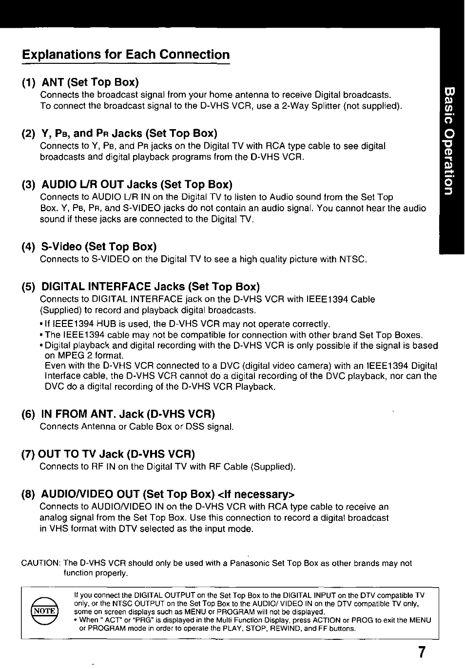 1) ant (set top box), 2) y, pb, and pr jacks (set top box), 3) audio ur out jacks (set top box) | 4) s-video (set top box), 5) digital interface jacks (set top box), 6) in from ant. jack (d-vhs vcr), 7) out to tv jack (d-vhs vcr), 8) audioa^ideo out (set top box) <lf necessary, Explanations for each connection, 2) y, p | Panasonic OMNIVISION PV-HD1000 User Manual | Page 7 / 49