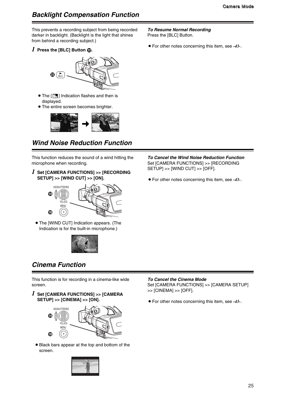 Backlight compensation function, Wind noise reduction function, Cinema function | Backlight compensation function 1, Wind noise reduction function 1, Cinema function 1 | Panasonic AG-DVC7 User Manual | Page 11 / 24