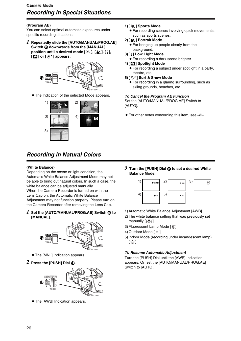 Recording in special situations, Recording in natural colors, Recording in special situations 1 | Recording in natural colors 1 | Panasonic AG-DVC7 User Manual | Page 12 / 24