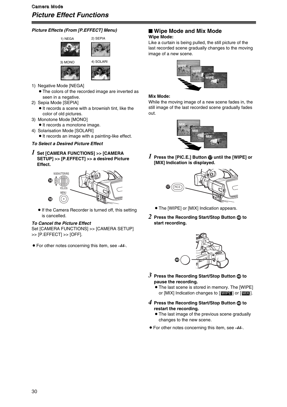 Picture effect functions 1, Wipe mode and mix mode | Panasonic AG-DVC7 User Manual | Page 16 / 24