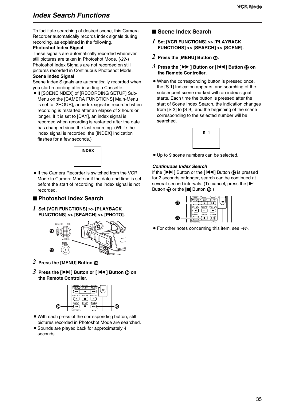 Index search functions, Photoshot index search, Scene index search | Panasonic AG-DVC7 User Manual | Page 21 / 24